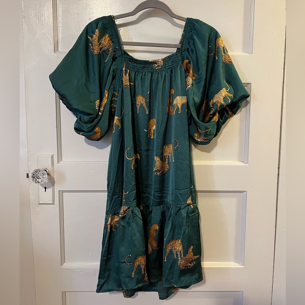 Teal / Emerald Cheetah / Leopard / Jaguar Off the Shoulder  Dress